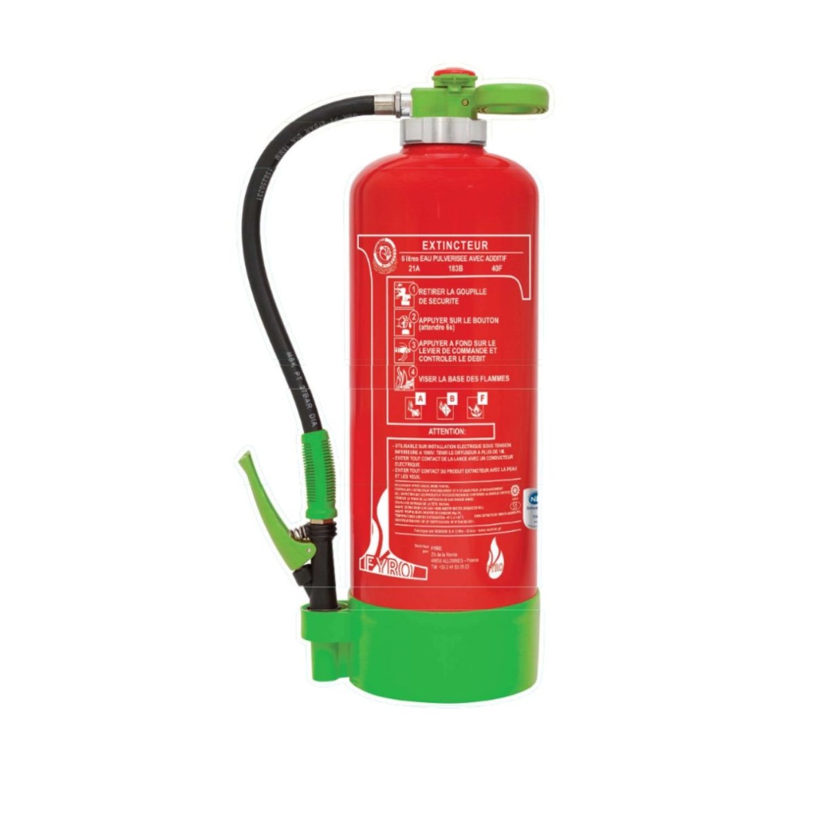 EXTINCTEUR EAU ADDIT. 6 L. 21A 183B 40F PRESSION AUXILIAIRE CE NF EN3-7